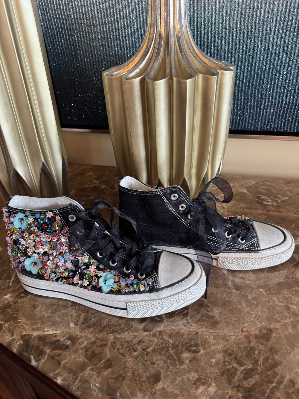Free People/Converse Black High-Top Sneakers Multicolor Floral Embellishments